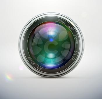 Vector illustration of a single detailed camera lens icon isolated on soft background