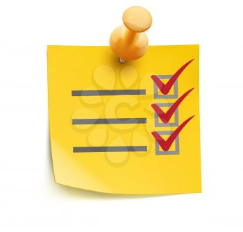 Vector illustration of cool yellow check list with push pin isolated on a white background.
