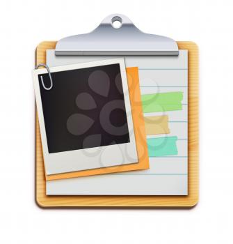 Vector illustration of clipboard with blank retro polaroid photo frame isolated on white background