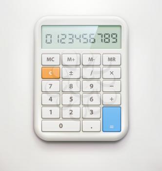 Vector illustration of realistic electronic calculator isolated on soft background.