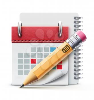 Vector illustration of beautiful calendar icon, spiral notebook and detailed pencil 