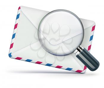 Vector illustration of searching concept with blank airmail envelope and magnifying glass over it