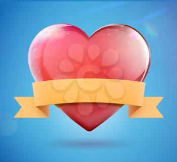 Vector illustration of glossy heart shape with retro banner for your own text