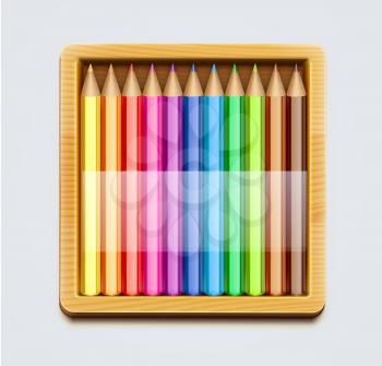 Vector illustration of wooden box of color pencils