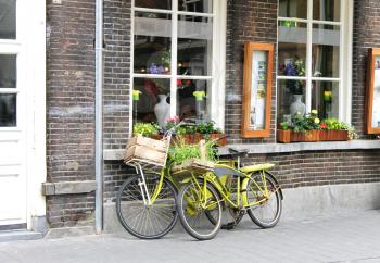 Two bicycle near the store. Den Bosch. Netherlands