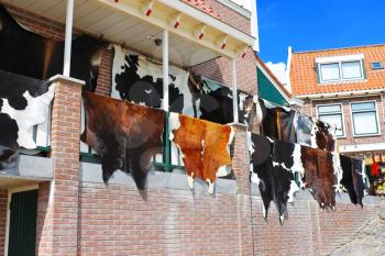 Tanned hides on the balcony of the leather shop in Volendam. Netherlands