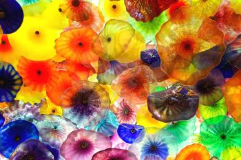 LAS VEGAS, NEVADA, USA - OCTOBER 21, 2013 : Glass flowers on the ceiling in Bellagio Hotel in Las Vegas. The composition consists of 2,000 glass flowers by sculptor Dale Chihuly
