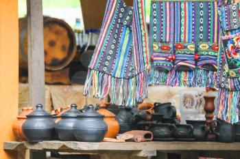 Village Urych , Lviv region. Ukraine - July 1, 2014 : Sale of souvenirs in the historical and cultural reserve Tustan