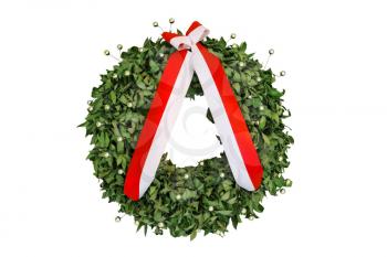 Laurel wreath with a commemorative ribbon isolated on white background. Italy

