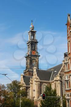 Tower of the famous Western church (Westerkerk) in Amsterdam, the Netherlands