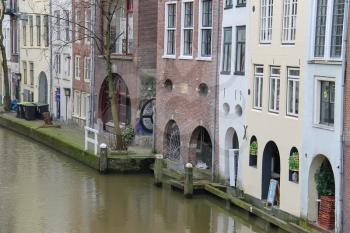 Utrecht, the Netherlands - February 13, 2016: Famous Oudegracht canal in the historic city centre