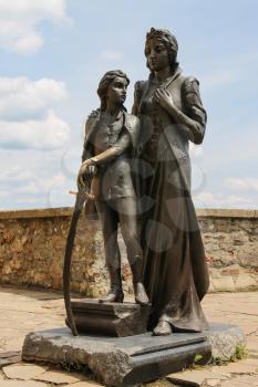 Mukachevo, Ukraine - July 2, 2014: Monument of Ilona Zrinyi and her son Ferenc Rakoczy in Mukachevo castle