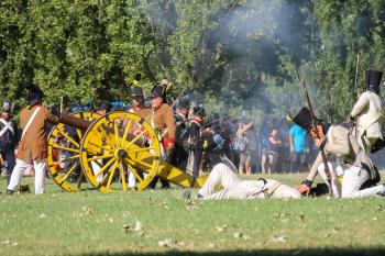 Villa Sorra, Italy - July 17, 2016: People on Napoleonica event. Costumed reconstruction of historical battle. Castelfranco Emilia, Modena