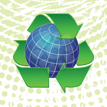Royalty Free Clipart Image of a Earth Globe in Recycling Arrows Symbol on Grunge Background