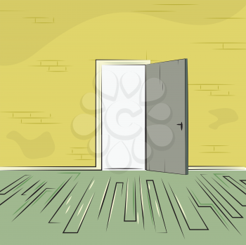Royalty Free Clipart Image of a Exit Door from Room with Old Brick Wall and Wooden Floor