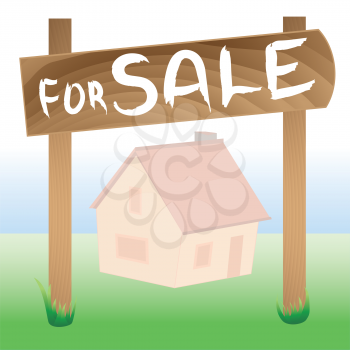 Royalty Free Clipart Image of a For Sale Sign with a House Background