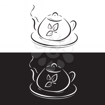 Royalty Free Clipart Image of a Teapot with Leaves Symbol on Black and White Background