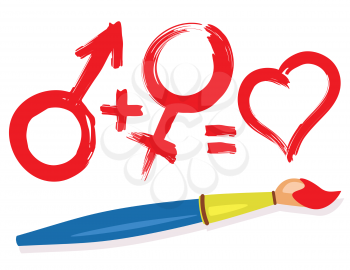 Female, male, heart symbols and paintbrush. Abstract love concept illustration.
