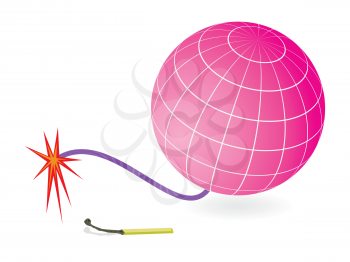 Burned match, globe and firing cord. Abstract world peace danger concept illustration.
