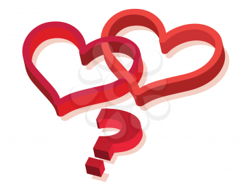 two hearts with question mark sign as real love metaphor - vector illustration 