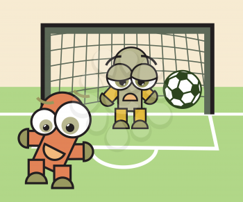 Football (soccer) game match. Happy forwarder and sad goalkeeper cartooon characters with ball. Vector illustration. 