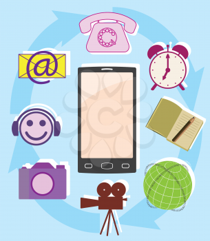 Mobile phone as multifunctional device.
Layered vector file. 
All objects are on a separate layers and can be easily removed if needed.