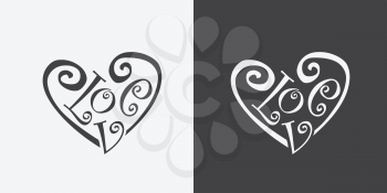 calligraphic word love meaning of heart symbol vector illustration grayscale color 