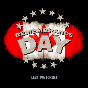 Grunge canadian flag on dark background with Remembrance Day and Lest we forget text memorial vector illustration