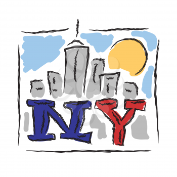 NY text creative hand drawn letters with cityscape symbol vector illustration