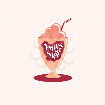 Milkshake hand drawn text on glass. Fresh sweet cold cream beverage food idea vector illustration. Healthy dessert drink concept.