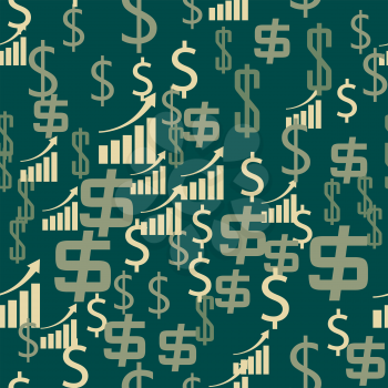 Money symbols with growing income trend financial success seamless pattern. Vector illustration.