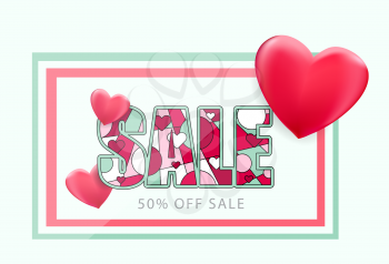 SALE card with heart symbols. Clearance promotion marketing discount card template vector illustration.