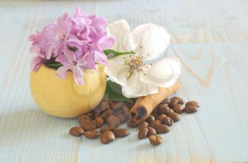 Coffee beans cinnamon with Purple Lilac white blossom flower still life background template. Vintage wooden table coffee flavor decoration.