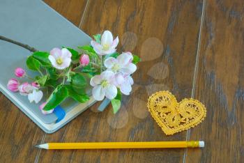Spring flower bloom pencil and lyrics diary. Romantic message notebook. Greeting love writing symbol.  