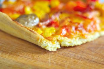 Traditional pizza food. Baked snack homemade eating. Delicious cooking closeup. Mushroom tomato vegetable ingredients.