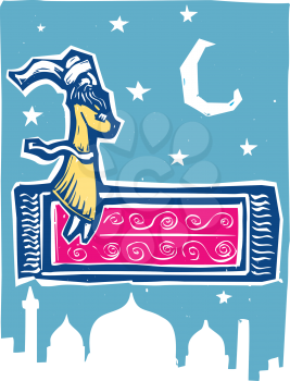 Royalty Free Clipart Image of a Man Riding a Flying Carpet