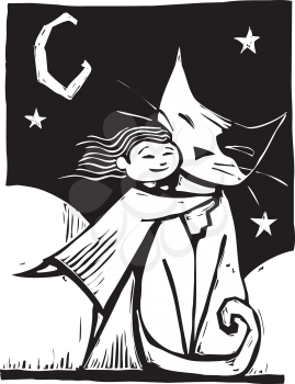 Royalty Free Clipart Image of a Girl Hugging a Cat