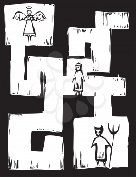 Royalty Free Clipart Image of a Child in a Maze With an Angel and Demon