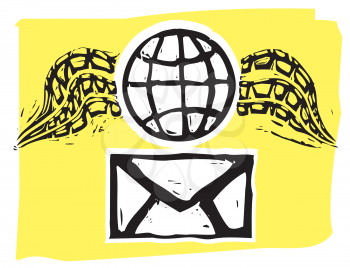 Royalty Free Clipart Image of a Winged Earth Above an Envelope