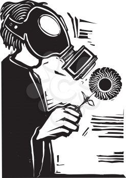 Royalty Free Clipart Image of a Man Wearing a Gas Mask