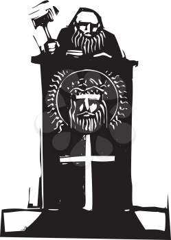 Royalty Free Clipart Image of a Judge Sitting at a Bench With Jesus on it