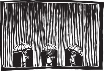 Royalty Free Clipart Image of Three People Walking in the Rain