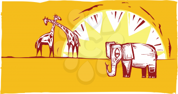 Royalty Free Clipart Image of an Elephant and Giraffes 