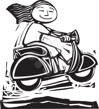 Royalty Free Clipart Image of a Girl Riding a Scooter
