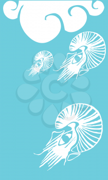 Royalty Free Clipart Image of Three Nautilus in Blue Water