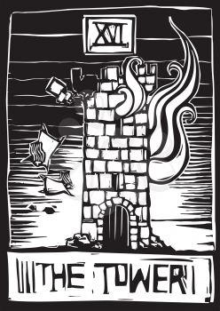 Royalty Free Clipart Image of a Tarot Card of the Tower