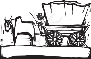 Royalty Free Clipart Image of a Covered Wagon and Ox