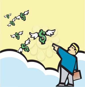 Royalty Free Clipart Image of a Man Pointing at Dollar Signs
