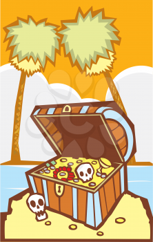 Royalty Free Clipart Image of a Pirate Treasure Chest on an Island