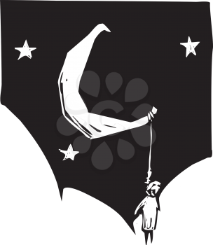 Royalty Free Clipart Image of a Person Hanging From a Noose on the Moon